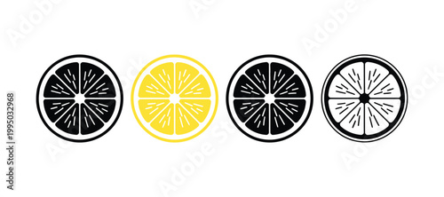 Lemon slice cartoon icons set, bright citrus fruit symbols, fresh summer design for logo, sign, branding, and food vector illustration.