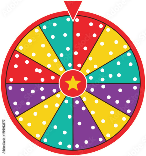 Spinning wheel icon, colorful chance game design, probability symbol, red yellow blue purple sections, randomness illustration concept