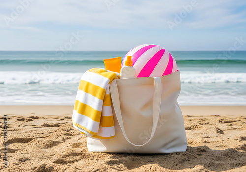 Beach bag with towel beach ball and sunscreen on sand.