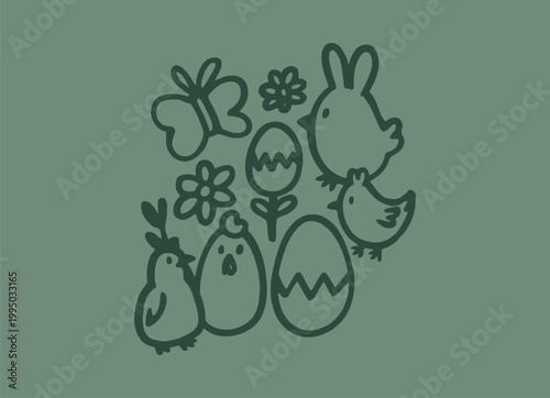 Cute outline easter elements illustration with bunny chicks eggs butterfly