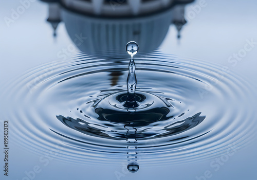 Single water drop creating ripples on a smooth water surface with reflection.