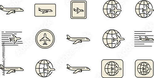 Airplane and globe travel icons, simple line drawings, aviation theme, flying airplane, global connectivity, circle and rectangle frames, stylized aircraft, minimalistic design, grid arrangement, inte