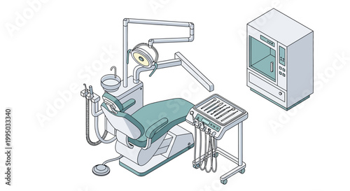 An isometric illustration of a dental examination chair with attached equipment and a sterilization unit.