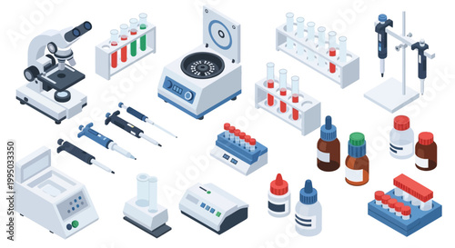A comprehensive collection of modern laboratory equipment, including microscopes, centrifuges, pipettes, and test tubes, arranged for scientific research and analysis.