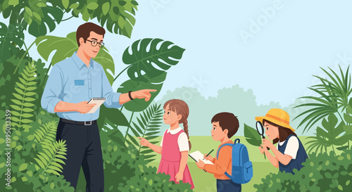 Children learning about nature with a teacher in a lush forest setting.