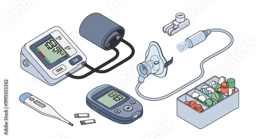 A collection of medical devices and supplies, including a blood pressure monitor, glucose meter, thermometer, oxygen mask, and pill organizer, representing healthcare and personal wellness.