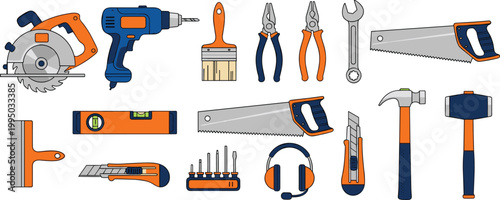 Construction tools illustration, diverse hand and power tools, circular saw, electric drill, paintbrush, pliers, wrench, hammer, mallet, utility knife, scraper, protective headphones, spirit level, dr
