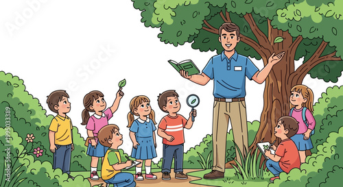 Children learning about nature with a teacher outdoors.
