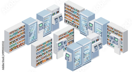 Isometric illustration of a modern convenience store interior with shelves stocked with products and automated vending machines.