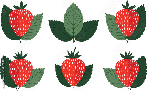 Strawberry pattern illustration, red fruit with white seeds, green tops, dark green leaves, decorative design, balanced arrangement, symmetrical artwork, colorful vector icon, fruit‑themed pattern, cr