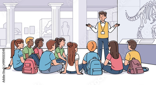 Children on a museum field trip learning about dinosaurs.