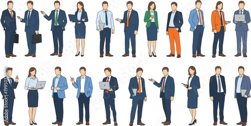 Business professionals illustration, diverse office workers in suits, corporate team members, formal and semi‑formal attire, briefcases and laptops, smartphones in hand, presenting gestures, teamwork 