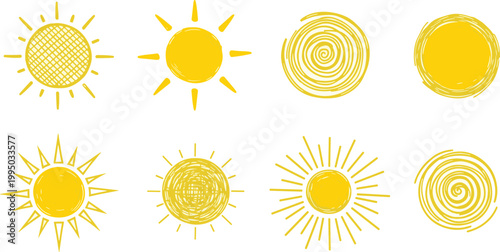 Sun icon set, stylized yellow suns, radiant energy symbols, circular rays, spiral designs, vector illustration, summer warmth, positivity artwork, creative sunshine icons, decorative solar elements, b