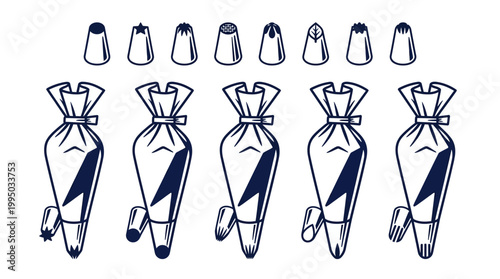 "Cake Decorating Piping Tips Vector Chart | Frosting Patterns with Round, Star, Petal, Leaf, Drop Flower, Basketweave | Baking Tools Vector Graphic for Creative Projects"