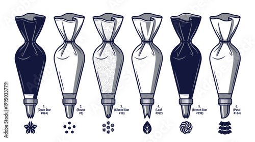 "Cake Decorating Piping Tips Vector Chart | Frosting Patterns with Round, Star, Petal, Leaf, Drop Flower, Basketweave | Baking Tools Vector Graphic for Creative Projects"