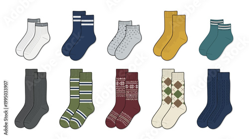 "Socks Vector Illustration Set | Colorful Patterned Sock Designs in Rows | Fashion Apparel Vector Graphic for Clothing, Logo, Icon, Textile, and Creative Projects"