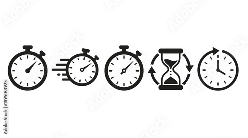 "Time Icons Vector Illustration Set | Stopwatch, Hourglass, and Clock Silhouettes | Speed, Passage, and Measurement Vector Graphic for Logo, Icon, and Creative Projects"