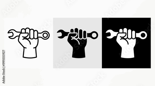 "Fist with Wrench Vector Icon Set | Labor Solidarity and Strength Silhouette Design | Industrial Work Vector Graphic for Logo, Symbol, Union, and Creative Projects"