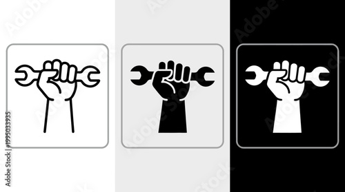 "Fist with Wrench Vector Icon Set | Labor Solidarity and Strength Silhouette Design | Industrial Work Vector Graphic for Logo, Symbol, Union, and Creative Projects"