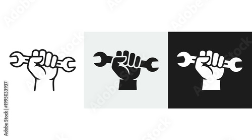 "Fist with Wrench Vector Icon Set | Labor Solidarity and Strength Silhouette Design | Industrial Work Vector Graphic for Logo, Symbol, Union, and Creative Projects"