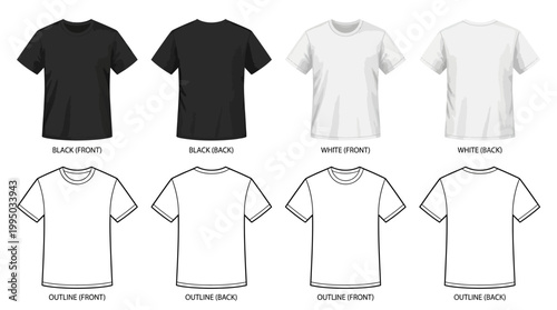 "T-Shirt Vector Illustration Set | Black Silhouette and White Outline Front and Back Views | Fashion Apparel Vector Graphic for Logo, Icon, Clothing Design, and Creative Projects"