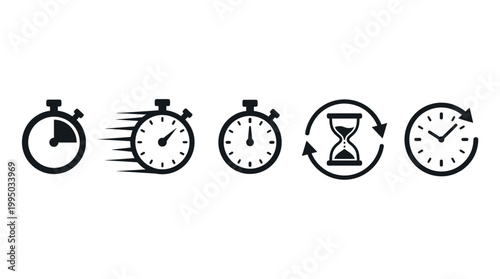 "Time Icons Vector Illustration Set | Stopwatch, Hourglass, and Clock Silhouettes | Speed, Passage, and Measurement Vector Graphic for Logo, Icon, and Creative Projects"
