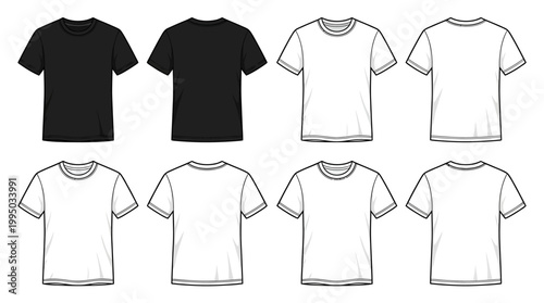 "T-Shirt Vector Illustration Set | Black Silhouette and White Outline Front and Back Views | Fashion Apparel Vector Graphic for Logo, Icon, Clothing Design, and Creative Projects"