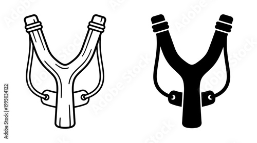 "Slingshot Vector Illustration Set | Black Outline and Solid Silhouette Design | Vintage Slingshot Vector Graphic for Logo, Icon, Clipart, and Creative Projects"