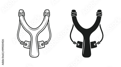 "Slingshot Vector Illustration Set | Black Outline and Solid Silhouette Design | Vintage Slingshot Vector Graphic for Logo, Icon, Clipart, and Creative Projects"