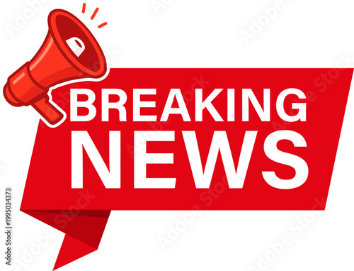 Red breaking news megaphone announcement banner with folded ribbon design for broadcasting and urgent media alerts