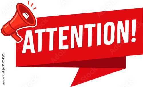 Red attention megaphone announcement banner with a folded ribbon shape and exclamation mark for urgent warning notifications