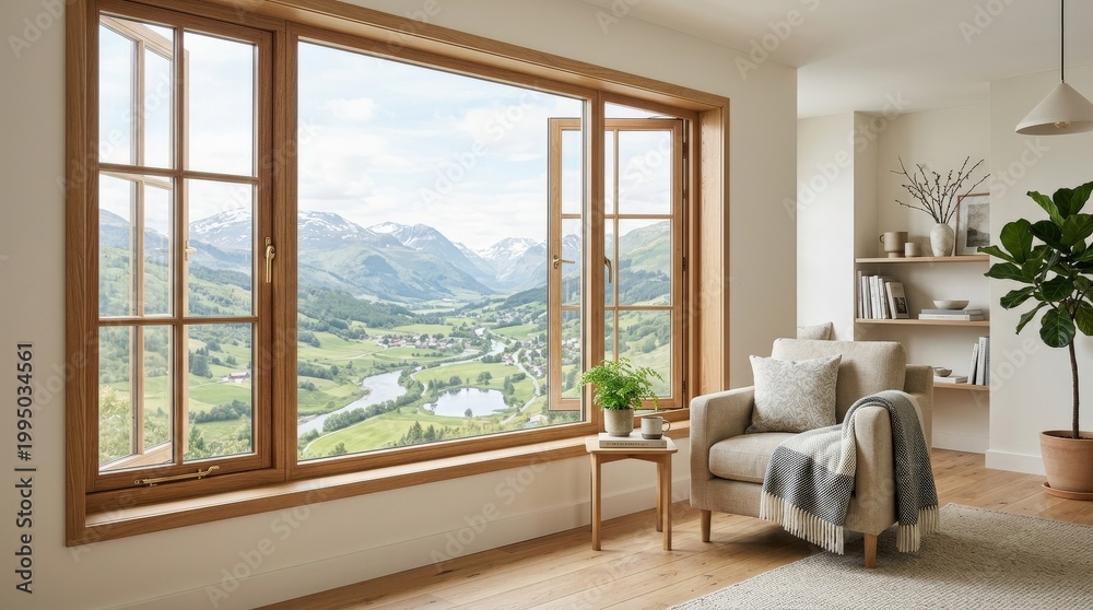 Fototapeta premium Wooden window view of scenic landscape, stylish modern interior or home detail, aspirational lifestyle setting, clean decor, practical design appeal, spacious composition, inviting atmosphere, soft