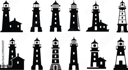 Lighthouse Silhouettes Collection Featuring Diverse Architectural Styles and Designs, Vector Illustration Set of Coastal Towers, Maritime Navigation Symbols, and Nautical Graphic Elements