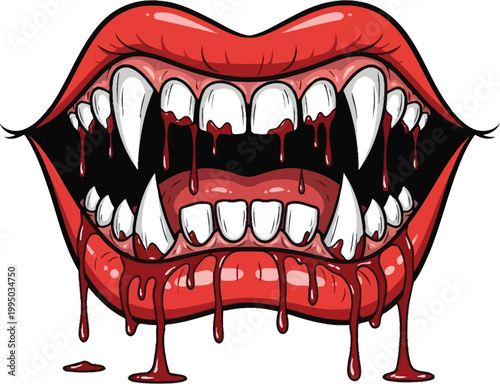 Cartoon illustration of a vampire mouth with dripping red liquid