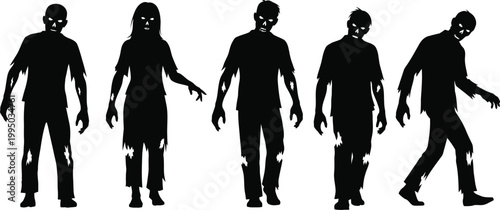 A group of silhouetted zombies walking forward in a line