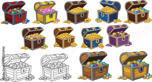 фотографія Treasure chest set with gold coins, gems and pirate loot illustrated in colorful