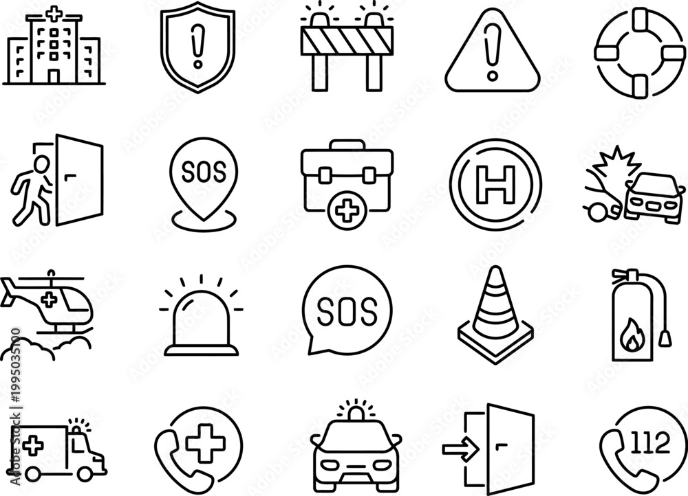Fototapeta premium Set of emergency and safety icons thin line vector symbols for rescue and first aid services isolated on white background