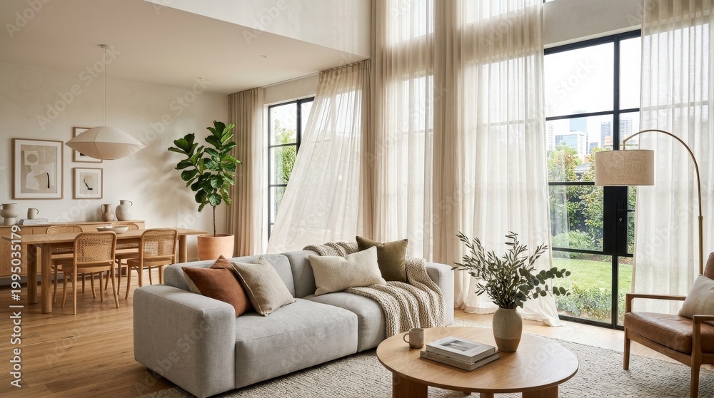 Naklejka premium Room interior with flowing fabric, stylish modern interior or home detail, aspirational lifestyle setting, clean decor, practical design appeal, spacious composition, inviting atmosphere, soft