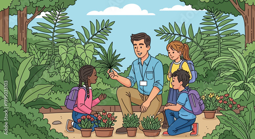 Teacher showing plants to diverse group of children in botanical garden.