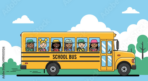 Yellow School Bus Filled With Diverse Children.