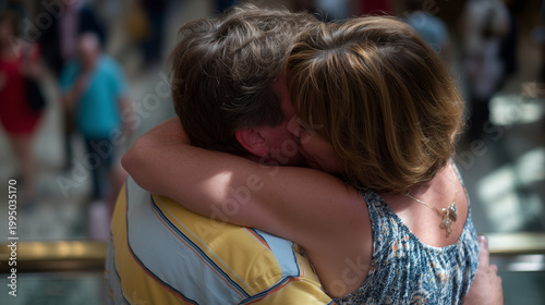 Two estranged adult sisters share an awkward embrace at an airport arrivals gate, one pulling closer than the other, travelers streaming past, overhead lighting casting long shadow