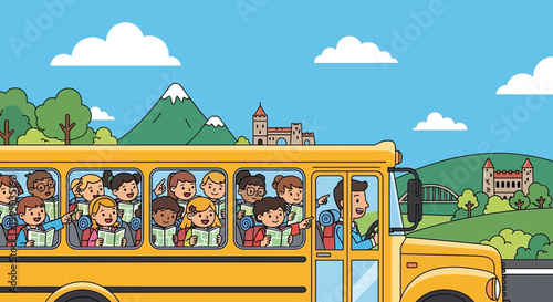 Yellow School Bus Filled With Diverse Happy Children.