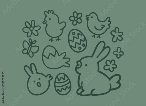 Easter spring doodle illustration with bunnies chicks eggs flowers butterfly