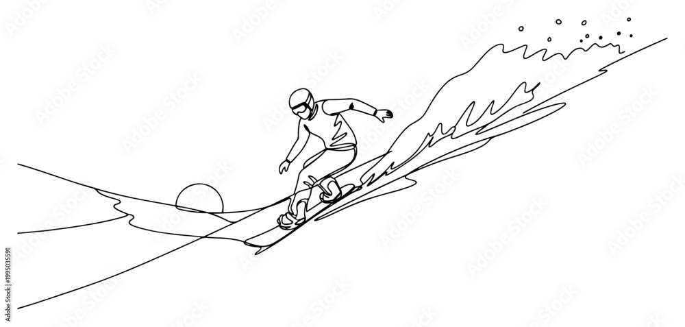 Fototapeta premium Snowboarder Riding Down Steep Mountain Slope at Sunset Continuous Line Art