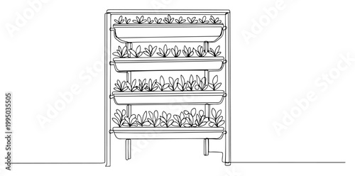 Vertical Farming System with Plants and Seedlings in Continuous Line Art Style