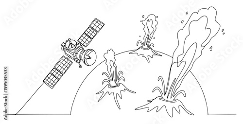 Satellite Orbiting Planet with Erupting Volcanoes or Geysers in Continuous Line Art Style