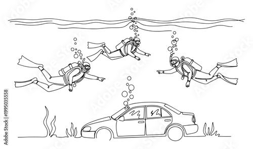 Scuba Divers Investigating Submerged Car on Sea Floor in Continuous Line Art Style