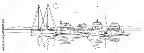 Luxury Yachts and Sailboats in Marina Harbor at Sunset Continuous Line Art