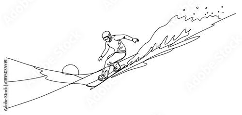 Snowboarder Riding Down Steep Mountain Slope at Sunset Continuous Line Art
