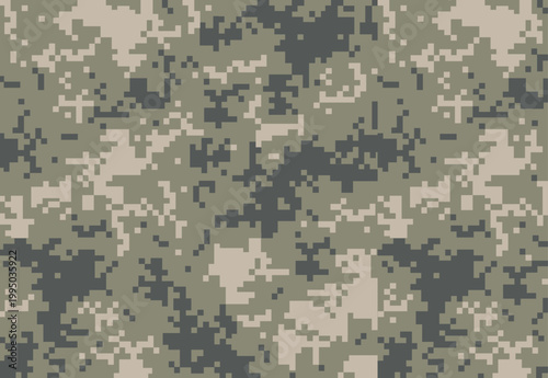 Square seamless digital camouflage pattern with pixel texture in neutral green, beige and gray tones. Military inspired abstract background suitable for fabric, wrapping, web design, packaging